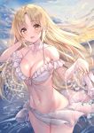  1girl akabane_(zebrasmise) blonde_hair blush breasts cleavage collarbone commentary_request highres large_breasts looking_at_viewer navel nijisanji ocean open_mouth sandals sister_cleaire sky solo virtual_youtuber water_drop yellow_eyes 