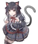  1girl animal_ears bangs bell black_hair black_legwear blunt_bangs bow bowtie brown_eyes cat_ears cat_tail choker eyebrows_visible_through_hair frilled_skirt frills hair_ornament hair_ribbon hairclip highres idolmaster idolmaster_shiny_colors juliet_sleeves long_hair long_sleeves mayuzumi_fuyuko nemu_kotatsu open_mouth puffy_sleeves red_bow red_neckwear ribbon shirt simple_background skirt sleeve_cuffs solo striped striped_shirt tail thighhighs two_side_up vertical-striped_shirt vertical-striped_skirt vertical_stripes white_background 