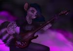  anthro black_body black_fur blue_hair breasts claws clenched_teeth clothed clothing ear_piercing ear_ring eyes_closed fangs female fluffy fluffy_tail fur grey_body grey_fur guitar hair holding_object hyaenid mammal multicolored_body multicolored_fur musical_instrument open_mouth open_smile piercing plucked_string_instrument smile solo string_instrument tashalisets teeth two_tone_body two_tone_fur 