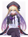  1girl absurdres artoria_pendragon_(all) artoria_pendragon_(caster) bangs beret black_cape black_gloves black_headwear black_legwear blonde_hair border bow bowtie buttons cape chromatic_aberration closed_mouth commentary_request crossed_legs double-breasted dress eyebrows_visible_through_hair fate/grand_order fate_(series) feet_out_of_frame gloves gradient_hair green_eyes grey_background hair_between_eyes hand_up hat highres invisible_chair kabi_(zcwd8845) long_hair long_sleeves looking_at_viewer multicolored_hair outside_border pantyhose pink_hair purple_bow purple_hair purple_neckwear shiny shiny_hair sitting smile solo white_border white_dress 