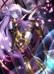  1girl android bangs breasts closed_eyes closed_mouth duel_monster eyebrows_visible_through_hair full_body galatea_(yuu-gi-ou) gloves glowing glowing_weapon gold_trim gradient_hair hair_ornament highres holding holding_weapon joints kikistark long_hair mechanical_parts multicolored_hair pink_hair purple_hair robot_joints skirt solo thighhighs weapon yu-gi-oh! zettai_ryouiki 