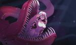  1girl bioluminescence breasts carapace cymothoa_exigua doug_harvey eel english_commentary extra_eyes fangs fins green_eyes highres insect_girl isopod large_breasts monster_girl open_mouth original parasite pink_skin teeth tongue tongue_out underwater 