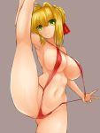  1girl absurdres ahoge blonde_hair braid breasts cleavage cowboy_shot fate/extra fate/grand_order fate_(series) french_braid green_eyes hair_ribbon highres large_breasts nero_claudius_(fate) nero_claudius_(fate)_(all) red_ribbon red_swimsuit ribbon slingshot_swimsuit split standing standing_on_one_leg standing_split steaming_tofu swimsuit 