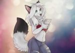  anthro black_body black_fur blue_eyes breasts canid canine cellphone claws damaged_clothing female fluffy fluffy_tail fox fur hair holding_object mammal multicolored_body multicolored_fur phone simple_background smile solo tashalisets two_tone_body two_tone_fur white_body white_fur white_hair 