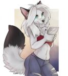 anthro black_body black_fur blue_eyes breasts canid canine cellphone claws damaged_clothing female fluffy fluffy_tail fox fur hair hi_res holding_object mammal multicolored_body multicolored_fur phone simple_background smile solo tashalisets two_tone_body two_tone_fur white_body white_fur white_hair 