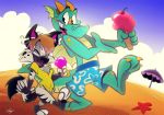  anthro beach bottomwear clothing dessert dragon duo felid feline female food ice_cream juneduck21 lynx male mammal seaside shorts swimming swimming_trunks swimwear 