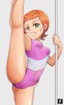  1girl athletic_leotard ben_10 breasts cameltoe covered_navel flexible green_eyes gwendolyn_tennyson hair_ornament hairclip highres leg_lift leg_up leotard looking_at_viewer orange_hair parted_lips pink_leotard pole shiny shiny_hair shiny_skin short_hair small_breasts smile solo split standing standing_on_one_leg standing_split stretch teeth teng_zhai_zi 