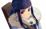  1girl ainu ainu_clothes asirpa blue_eyes blue_hair blue_headband blurry cape closed_mouth commentary_request depth_of_field earrings fur_cape golden_kamuy headband hoop_earrings jewelry long_hair looking_at_viewer sayshownen solo upper_body white_background 