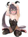  1girl akebono_(kantai_collection) alternate_costume animal_ears armpits arms_up bare_shoulders black_headband black_legwear blush breasts brown_eyes bunny_ears covered_navel eyebrows_visible_through_hair fake_animal_ears full_body hair_between_eyes hair_ornament headband highres kantai_collection leotard long_hair long_ponytail looking_at_viewer open_mouth pantyhose playboy_bunny purple_hair red_footwear shoes side_ponytail simple_background sitting small_breasts solo tama_(seiga46239239) thighhighs very_long_hair wariza white_background 