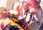  1girl braid breasts choker cleavage coat ear_piercing elesis_(elsword) elsword fire flame_lord_(elsword) gloves hair_over_one_eye highres holding holding_weapon jewelry long_hair open_mouth orange_eyes piercing red_eyes red_hair skin_tight smile sword t-inababa tattoo weapon 