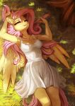  2020 5_fingers absurd_res clothed clothing equid equine eyebrows eyes_closed feathered_wings feathers female fidzfox fingers fluttershy_(mlp) friendship_is_magic hi_res lying mammal my_little_pony on_back outside pegasus solo wings 
