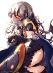  1girl armor ass black_armor black_panties blush breasts cape cleavage corrin_(fire_emblem) corrin_(fire_emblem)_(female) elbow_gloves fire_emblem fire_emblem_fates frills gauntlets gloves hairband high_collar highres jewelry mildmild1311 panties red_eyes shoulder_armor underwear white_hair 
