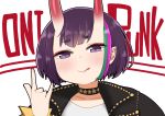  1girl :p \m/ background_text bangs black_choker black_jacket blush choker closed_mouth collarbone english_text eyebrows_visible_through_hair fate/grand_order fate_(series) green_hair hand_up highres horns i.u.y jacket looking_at_viewer multicolored_hair oni oni_horns open_clothes open_jacket pink_hair purple_eyes purple_hair shirt short_eyebrows short_hair shuten_douji_(fate/grand_order) simple_background smile solo streaked_hair thick_eyebrows tongue tongue_out white_background white_shirt 