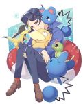  1boy augustine_sycamore azurill black_hair brown_footwear caterpie commentary_request gen_1_pokemon gen_2_pokemon gen_3_pokemon gen_6_pokemon head_down helioptile holding holding_pokemon knees_together kusuribe long_sleeves marill pants pokemon pokemon_(creature) pokemon_(game) pokemon_xy psyduck sad shoes speech_bubble 