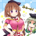  2girls apron bamboo black_headwear blush bow breasts brown_hair dress eyebrows_visible_through_hair green_dress green_eyes green_hair hair_between_breasts hat large_breasts long_bangs looking_at_breasts multiple_girls nishida_satono pote_(ptkan) purple_eyes see-through_dress short_hair_with_long_locks short_sleeves sidelocks star_(symbol) teireida_mai touhou upper_body 