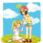  2girls beanie blonde_hair blush brown_hair closed_eyes cloud comfey commentary_request day flower gen_7_pokemon green_shorts hariiro_pon hat holding lillie_(pokemon) long_hair looking_down multiple_girls outdoors pleated_skirt pokemon pokemon_(creature) pokemon_(game) pokemon_sm red_headwear selene_(pokemon) shirt shoes short_sleeves shorts sitting skirt sky smile tied_shirt yellow_flower yellow_shirt 