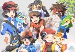  5boys :d bag baseball_cap beanie black-framed_eyewear black_hair blue_jacket blush brendan_(pokemon) brown_eyes brown_hair calem_(pokemon) chimchar closed_eyes closed_mouth commentary_request eyewear_on_headwear froakie gen_3_pokemon gen_4_pokemon gen_5_pokemon gen_6_pokemon hand_up hat heart hilbert_(pokemon) jacket lucario lucas_(pokemon) mawile multiple_boys nate_(pokemon) nosutaal on_head on_shoulder open_mouth pokemon pokemon_(creature) pokemon_(game) pokemon_bw pokemon_bw2 pokemon_dppt pokemon_on_head pokemon_on_shoulder pokemon_oras pokemon_xy red_headwear short_sleeves shoulder_bag smile snivy sunglasses tongue visor_cap white_headwear zipper_pull_tab 