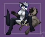 anthro ballbusting balls black_pawpads breasts cock_and_ball_torture compression_artifacts domination duo female female_domination ferin fish genital_torture genitals hyaenid male male/female mammal marine pain pawpads purple_background shark simple_background squeezing_balls zyena 