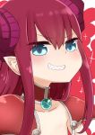  1girl armor bangs blue_eyes blush collarbone elizabeth_bathory_(brave)_(fate) elizabeth_bathory_(fate)_(all) eyebrows_visible_through_hair fate/grand_order fate_(series) grin hair_between_eyes highres i.u.y long_hair looking_at_viewer pauldrons pointy_ears red_background red_hair sharp_teeth shoulder_armor sidelocks smile solo teeth two-tone_background upper_body v-shaped_eyebrows white_background 