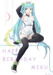  1girl absurdres ahoge aqua_eyes aqua_hair arm_up armpits artist_name black_legwear black_sleeves breasts character_name dated detached_sleeves full_body hair_between_eyes hand_on_own_head happy_birthday hatsune_miku highres kivb long_hair medium_breasts sidelocks sitting solo thighhighs twintails very_long_hair vocaloid white_background 