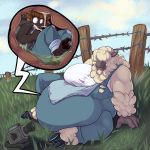  1:1 belly big_belly big_breasts blinding_bangs bodily_fluids bovid breasts camera canid canine canis caprine clothing female female_pred female_prey hi_res huge_breasts internal larger_female mammal oral_vore outside overalls sheep size_difference smaller_female stomach stomach_acid surprise vore wolf zubuzz 