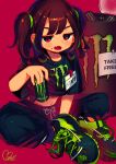  1girl absurdres bangs black_pants black_shirt blush_stickers can crop_top energy_drink fang highres holding holding_can huge_filesize id_card long_hair midriff moai_(more_e_4km) mole mole_under_mouth monster_energy navel open_mouth original pants red_background red_eyes shirt shoes short_sleeves signature simple_background sitting sneakers solo two_side_up 