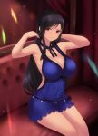  1girl bangs bare_shoulders black_hair black_ribbon blue_dress blush breasts cait cleavage closed_mouth collarbone dress earrings final_fantasy final_fantasy_vii final_fantasy_vii_remake hands_up highres hoop_earrings jewelry large_breasts long_hair looking_at_viewer neck_ribbon red_eyes ribbon sitting smile swept_bangs thighs tifa_lockhart 