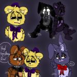  1:1 animatronic black_body black_fur black_sclera blue_eyes bodily_fluids bonnie_(fnaf) bow button_(fastener) claws english_text eyebrows fingers five_nights_at_freddy&#039;s freckles freddy_(fnaf) fur golden_freddy_(fnaf) grey_body group hair head_tuft inner_ear_fluff lagomorph leporid machine mammal matrixlazy purple_background purple_body purple_fur rabbit red_eyes robot shadow_bonnie_(fnaf) shadow_freddy_(fnaf) simple_background tears text tuft ursid video_games white_eyes yellow_body yellow_fur 