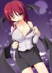  1girl ;p alternate_hair_length alternate_hairstyle bat_wings black_bra black_skirt black_vest blurry blush bra bra_peek breasts building cleavage collarbone collared_shirt cowboy_shot depth_of_field dress_shirt dutch_angle eyebrows_visible_through_hair full_moon head_wings koakuma kurenaidahlia large_breasts long_sleeves looking_at_viewer low_wings moon necktie night night_sky off_shoulder one_eye_closed open_clothes open_vest partially_unbuttoned red_eyes red_hair red_neckwear shirt short_hair skirt skirt_set sky skyscraper solo tongue tongue_out touhou underwear vest white_shirt wings 