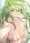  1other androgynous bangs bare_shoulders collarbone enkidu_(fate/strange_fake) fate/strange_fake fate_(series) green_eyes green_hair highres lingerie long_hair looking_at_viewer salmon88 underwear 