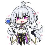  1girl ahoge bangs black_gloves black_pants breasts chan_co chibi fate/grand_order fate/prototype fate_(series) fingerless_gloves gloves highres holding holding_staff long_hair long_sleeves looking_at_viewer merlin_(fate/prototype) open_mouth pants petals purple_eyes smile staff very_long_hair white_hair white_robe wide_sleeves 