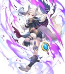  1girl alternate_costume animal_ears ass aura bangs claws clenched_teeth dark_aura detached_sleeves eyebrows_visible_through_hair fire_emblem fire_emblem_awakening fire_emblem_heroes from_behind full_body fur_trim grima_(fire_emblem) hair_ornament halloween_costume highres holding hood hood_down leg_up long_hair long_sleeves official_art parted_lips red_eyes robin_(fire_emblem) robin_(fire_emblem)_(female) shorts solo tail teeth teffish thigh_strap tied_hair torn_clothes transparent_background twintails white_hair wolf_ears wolf_tail 