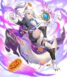  1girl alternate_costume animal_ears aura bangs candy claws cookie dark_aura detached_sleeves eyebrows_visible_through_hair fire_emblem fire_emblem_awakening fire_emblem_heroes floating floating_object food full_body fur_trim grima_(fire_emblem) halloween_costume highres leg_up lollipop long_hair long_sleeves official_art open_mouth outstretched_arms red_eyes robin_(fire_emblem) robin_(fire_emblem)_(female) shorts smile solo spread_arms tail teffish thigh_strap tied_hair transparent_background twintails white_hair wolf_ears wolf_tail 