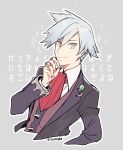  1boy artist_name closed_mouth commentary_request eyebrows_visible_through_hair hand_up jacket jewelry kusuribe long_sleeves looking_at_viewer male_focus open_clothes open_jacket outline pokemon pokemon_(game) pokemon_oras ring silver_hair smile solo steven_stone 