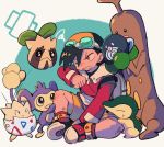  1boy aipom backwards_hat baseball_cap black_hair brown_eyes cyndaquil ethan_(pokemon) gen_1_pokemon gen_2_pokemon goggles goggles_on_headwear hand_up hat highres long_sleeves ok_ko19 one_eye_closed pokemon pokemon_(game) pokemon_gsc poliwag shoes shorts sitting starter_pokemon sudowoodo sunkern teeth togepi 