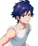  1boy bangs blue_eyes blue_hair character_request check_character clothes_writing commentary_request idolmaster idolmaster_side-m looking_at_viewer male_focus open_mouth sayshownen shiny shiny_hair short_hair simple_background solo sweat taiga_takeru tank_top twitter_username upper_body watermark white_background white_tank_top 