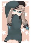  1other :&gt; arm_up bangs beret black_bow black_headwear black_sailor_collar blue_hair blush bow brown_background brown_hair captain_nemo_(fate/grand_order) closed_mouth dress eyebrows_visible_through_hair fate/grand_order fate_(series) glasses gradient_hair green_dress green_eyes hair_bow hat highres i.u.y long_hair long_sleeves looking_at_viewer multicolored_hair round_eyewear sailor_collar sailor_dress sleeves_past_fingers sleeves_past_wrists solo starry_background striped striped_bow twintails two-tone_background white_background 