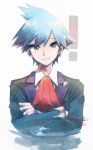  ! 1boy bangs black_jacket blue_hair closed_mouth collared_shirt commentary crossed_arms fingernails glint highres jacket long_sleeves looking_at_viewer male_focus nosutaal pokemon pokemon_(game) pokemon_oras red_neckwear shirt solo steven_stone upper_body white_shirt 