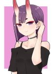  1girl bangs bare_shoulders black_shirt closed_mouth collarbone eyebrows_visible_through_hair fate/grand_order fate_(series) hand_up highres horns i.u.y looking_at_viewer off-shoulder_shirt off_shoulder oni oni_horns pink_background purple_eyes purple_hair shirt short_eyebrows short_hair short_sleeves shuten_douji_(fate/grand_order) smile solo thick_eyebrows two-tone_background white_background 