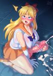  1girl aino_minako areolae artist_name bishoujo_senshi_sailor_moon blonde_hair blue_eyes blue_neckwear blush bow breasts caught censored choker cleavage collarbone commentary covered_nipples cum cum_on_floor dated diadem ejaculation elbow_gloves erection futanari gloves hair_bow high_heels huge_breasts huge_penis magical_girl masturbation mosaic_censoring nose_blush open_mouth orange_choker orange_footwear orange_sailor_collar orange_skirt penis red_bow sailor_collar sailor_moon_redraw_challenge sailor_senshi_uniform sailor_venus see-through skirt solo sweat tearing_up tears testicles thighs uniform veins veiny_penis white_gloves zheng 