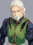 1boy beard belt clothing_request commentary_request dan_blackmore expressionless facial_hair fate/extra fate_(series) green_eyes grey_background looking_at_viewer male_focus medium_hair mustache old_man sayshownen simple_background solo twitter_username upper_body watermark white_hair 