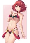  1girl adapted_costume arm_up bangs bare_arms bare_shoulders bikini blush breasts chest_jewel commentary_request cowboy_shot eol_9 eyebrows_visible_through_hair halterneck highleg highleg_bikini highleg_swimsuit highres large_breasts looking_at_viewer multi-strapped_bikini navel pyra_(xenoblade) red_eyes red_hair short_hair simple_background smile solo string_bikini swept_bangs swimsuit thighs underboob v white_background xenoblade_chronicles_(series) xenoblade_chronicles_2 