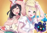  2girls :d ;d ^_^ arm_up beanie black_hair blonde_hair closed_eyes cosmog gen_7_pokemon green_eyes hat legendary_pokemon lillie_(pokemon) long_hair looking_at_viewer mizuumi_(bb) multiple_girls one_eye_closed open_mouth pokemon pokemon_(creature) pokemon_(game) pokemon_sm red_headwear selene_(pokemon) shirt short_sleeves smile teeth tied_shirt upper_teeth yellow_shirt 