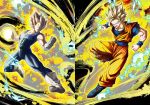  2boys :d blonde_hair blue_eyes covered_abs dougi dragon_ball dragon_ball_z electricity full_body gloves male_focus mattari_illust multiple_boys muscle open_mouth sleeveless_bodysuit smile son_gokuu spiked_hair super_saiyan super_saiyan_2 vegeta white_footwear white_gloves 