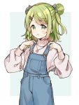  1girl :o bangs black_bow blush bow braid double_bun eyebrows_visible_through_hair flower flower_necklace green_eyes green_hair grey_background grey_sweater hair_bow hair_ornament hairclip hands_up jewelry long_sleeves meito_(maze) morinaka_kazaki necklace nijisanji overalls parted_lips pink_bow puffy_long_sleeves puffy_sleeves side_braid single_braid solo sweater two-tone_background two_side_up virtual_youtuber white_background 