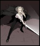  1girl absurdres black_border black_footwear black_pants blonde_hair border cape closed_mouth crack cracked_floor earrings fur-trimmed_cape fur_trim glowing glowing_weapon gogalking grey_cape grey_eyes highres holding holding_sword holding_weapon jewelry leonir_(gogalking) long_hair long_sleeves looking_at_viewer necklace original pants serious shirt shoes solo swinging sword symbol_commentary torn_cape torn_clothes two-handed weapon white_shirt 
