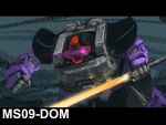  bottoms1237 character_name clenched_hand close-up dom glowing glowing_eye gundam highres holding holding_sword holding_weapon looking_to_the_side mecha mobile_suit_gundam no_humans one-eyed purple_eyes solo sword weapon zeon 