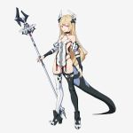  1girl absurdres ass bare_shoulders black_legwear blonde_hair breasts cancell detached_sleeves english_commentary full_body headgear high_heels highres holding holding_staff long_hair looking_at_viewer original red_eyes skindentation smile solo staff tail thighhighs white_legwear 