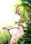  1girl bangs black_bow blurry blurry_background blurry_foreground bow breasts camisole depth_of_field dutch_angle eyebrows_behind_hair flower flower_necklace frills from_side grass green_camisole green_eyes green_hair hair_between_eyes hand_up jewelry lying meito_(maze) morinaka_kazaki nail_polish necklace nijisanji on_back on_ground parted_lips pink_nails polka_dot polka_dot_camisole small_breasts solo upper_body virtual_youtuber 