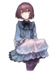  1girl absurdres bangs black_ribbon blue_eyes blush brown_hair cropped_legs dress frilled_dress frills highres ismo lily_(shiei_no_sona-nyl) long_sleeves looking_at_viewer neck_ribbon open_mouth ribbon shiei_no_sona-nyl short_hair sitting solo steampunk_(liarsoft) ta938_ka23 white_background 